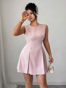 Elenzga Váy mini thanh lịch cổ tròn không tay hai hàng khuy đính vỏ sò đính đá cỡ lớn, buộc eo, màu hồng, dáng chữ A - Hồng - Xem 4