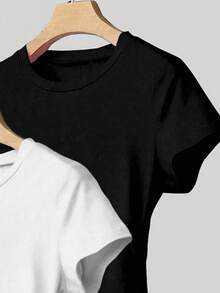 3pcs Girls' Cropped T-Shirt Set, Black, White, Black & White Stripe, Versatile All-Match Tees Suitable For Spring, Summer, Autumn, Comfortable Everyday Wear For Girls - Multicolor - View 3