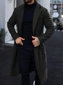 Manfinity Mode Men's Solid Color Button-Up Collar Long Sleeve Double-Breasted Casual Jacket, Autumn - Black - View 5