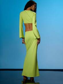 MUSERA V Neck Flower Detail Long Sleeve Top With Maxi Skirt Coord Sold As Set Summer Sexy Going Out Beach Holiday Ibiza Club Tropical Fever - Green - View 4