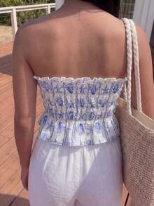 Sunnyshic Áo croptop không dây vai, hở trước, buộc dây sau, xếp ly ở gấu áo, chất liệu vải lanh, in họa tiết sọc sao biển và vỏ sò màu xanh dương, thích hợp cho nữ mùa xuân/hè, đi nghỉ mát, đi biển, phong cách boho, thanh lịch, ngọt ngào, dễ thương, tối giản, retro, thường ngày, hẹn hò, đa năng. - Màu xanh lam - Xem 2