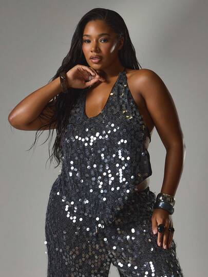 MUSERA 加大码亮片露背尖下摆上衣，春夏度假海滩伊比沙岛音乐节泳装性感优雅黑水