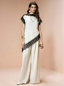 Arave Women's Contrast Lace Asymmetric Hem Fashionable Blouse - Multicolor - View 4