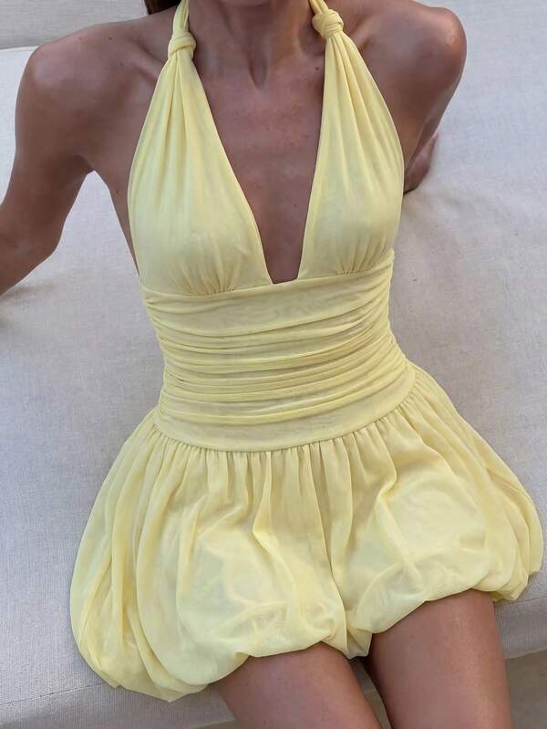 SHEIN Allurite Elegant Vacation Spaghetti Strap Tie Neck Sexy Deep V-Neck Backless Ruched Waist A-Line Mini Dress, Suitable For Vacation, Casual, Date, Party Sun Dress Yellow Sundress Yellow Beach Dress Yellow Vacation Dress Yellow Sexy Dress Yellow Sundress Women Yellow Halter Dress Sexy Vacation Dress Sexy Yellow Dress