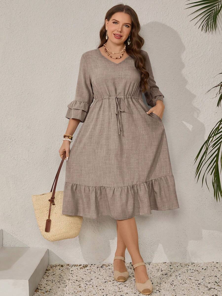 EMERY ROSE Vestido casual de talla grande con cintura con cordón y dobladillo con volantes de unicolor - Marrón Mocha - Ver 1