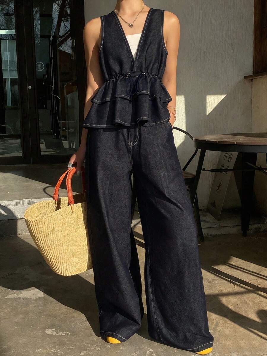 FRIFUL Women's Sleeveless Layered Ruffle Hem Tank Top And Wide Leg Elastic Waist Jeans Casual Suit, Suitable For Urban Leisure Wear - Blue - View 1