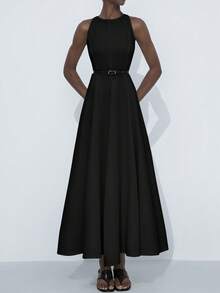 Aveloria Modichic Elegant Round Neck Sleeveless Oblique Shoulder Cinched Waist Exaggerated Pleated Ruffle Maxi A-Line Dress For Commuting - Black - View 5