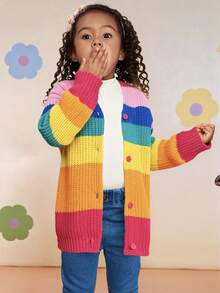 SHEIN Chaqueta de punto a rayas colorida y bonita para bebé niña, versátil para otoño e invierno - Multicolor - Ver 1