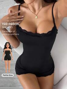 SHEIN PETITE Women's Solid Color Lace Panel Spaghetti Strap Simple Slim Jumpsuit - Black - View 8