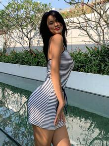 Fluxe Đầm thể thao nữ dáng suông, cổ yếm, hở lưng, kẻ sọc, thích hợp cho mùa hè. - Xanh và trắng - Xem 6