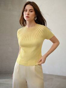 MOTF PREMIUM WOMEN'S RHINESTONE DETAIL KNIT SWEATER, SHINY YELLOW KNIT TOP - Yellow - View 4