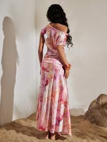 Opulessa Women's Chiffon Printed Shirt & Skirt 2 Pieces Set, Spring/Summer Vacation - Pink - View 2