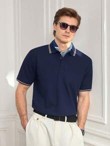 Officeau 1 件男士短袖纯色 Polo 衫，休闲商务风格翻领，夏季 - 藏蓝色 - 查看 7