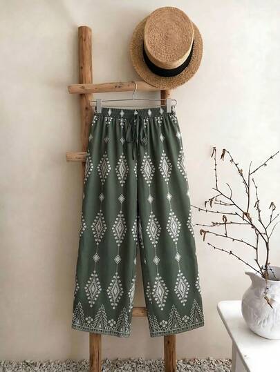 SHEIN Frenchy Plus Size Summer Casual Vacation Bohemian Style Geometric Print Pants