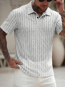 Manfinity CasualCool 男士成熟休闲纹理面料 Polo 衫，衬衫，黑白夏威夷衬衫，街头风理发师衬衫，黑白男士衬衫，适合周末旅行、户外活动、探险旅行、轻松的工作环境或半正式场合，可作为男友/丈夫礼物、周年纪念/生日礼物、派对、暑假、新年、婚礼、情人节礼物。 - 白色 - 查看 3