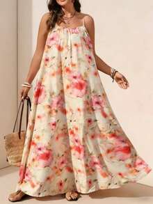 Breezaya New Style Plant Pink Flower Print Women's Summer Maxi Dress For Women - Apricot - View 3