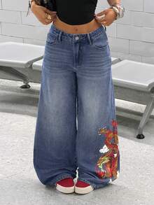 StreetHx 女士时尚休闲宽松飞机印花直筒牛仔裤 - 中等水洗藍 - 查看 3