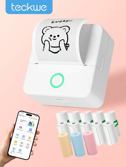 Teckwe Mini impresora, fabricante de pegatinas sin tinta, impresora de bolsillo pequeña y recortable, impresora térmica portátil para fotos, diarios, notas, memorandos, conexión a la aplicación Timy Print con papel de impresión térmica para decoración de Halloween, regalo de Navidad, regreso a la escuela