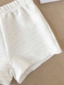 SHEIN 少女提花金属花卉装饰不对称肩部T恤和短裤套装 - 白色 - 查看 5