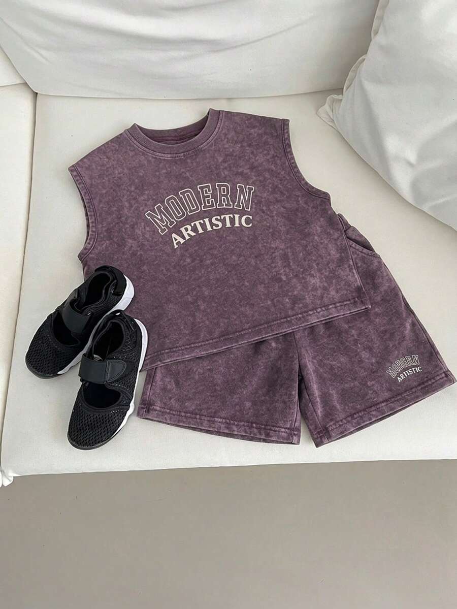 Dazy Kids 2pcs/Set Boys' Letter Print Round Neck Tank Top And Shorts Casual Outfit - Purple - View 1