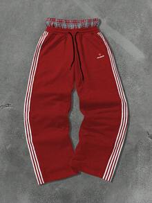 Manfinity Roghcode Men's Streetwear Winter Thick Knit Sweatpants,Red And White Stripe Sports Pants With Elastic Waist & Drawstring,Los Angeles Graphic For Daily Work - Red - View 4