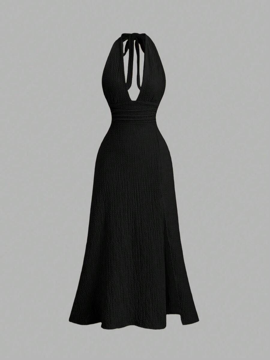 Sweetra Sexy Halter Deep V-Neck Backless Fitted Slit Solid Color Dress - Black - View 1