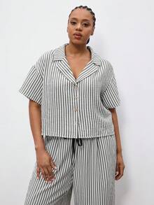 Maija Plus Size Front Button Casual Short Sleeve Printed Shirt Women Vacation Summer Casual For Vintage Old Money Teacher Romantic, Fashion, Versatile Women Party Top Beach Holiday Going Out Graduation Elegant Casual Formal Attire Work Office For Women - Black and White - View 3