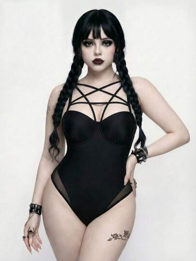 ROMWE Goth 大码黑色哥特式连体泳衣