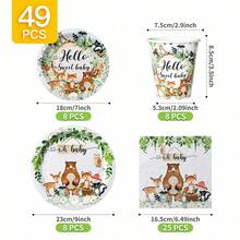 Set di piatti, tovaglioli e bicchieri monouso "Ciao dolce bambino" a tema foresta, per 8 ospiti. Questo set di forniture monouso per feste (inclusi piatti, tovaglioli e bicchieri) è perfetto per feste di compleanno, matrimoni e picnic in famiglia. - Visualizzare 7