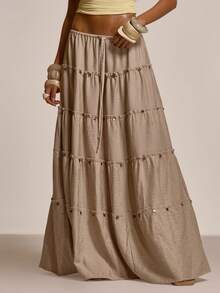 MUSERA 荷叶边层叠飘逸系腰长裙，可爱春夏性感海滩度假蜜月装 - 灰色 - 查看 2