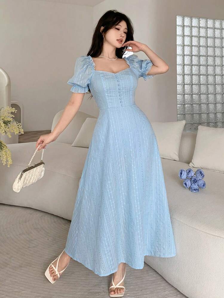 Feyla Novo Vestido A-Line Elegante de Férias com Cintura Marcada e Bordado Pesado Retrô Francês - Azul - Visão 5