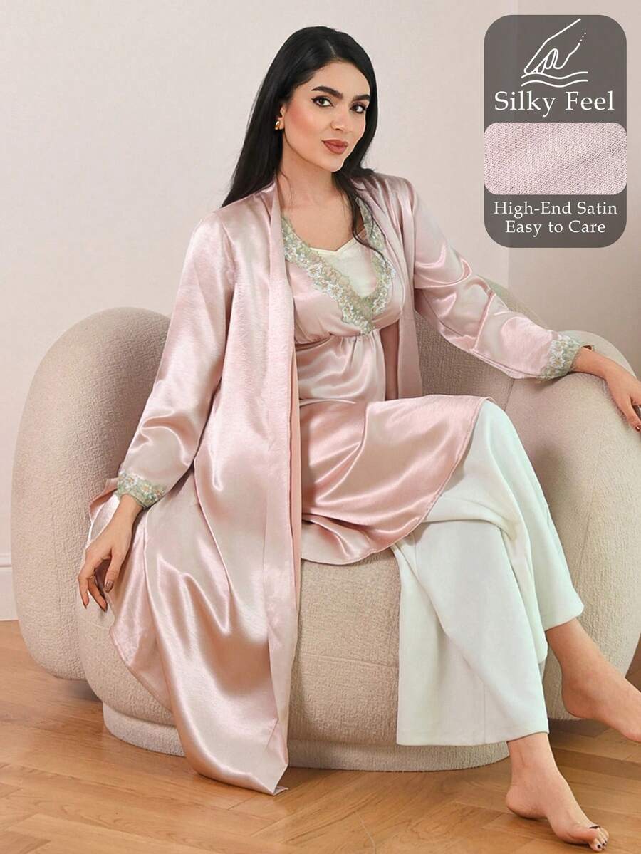 DAZY 女士优雅刺绣蕾丝睡袍睡衣套装 - 粉色 - 查看 1