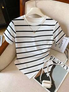 GlowEve CURVE 休闲条纹不对称下摆短袖T恤，夏季 - 白色 - 查看 1