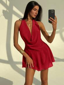 Aloruh New Sexy Backless Solid Color Halter Deep Draped Neck Asymmetrical Ruffle Hem Mini Dress, Suitable For Going Out,Red Dress - Red - View 7