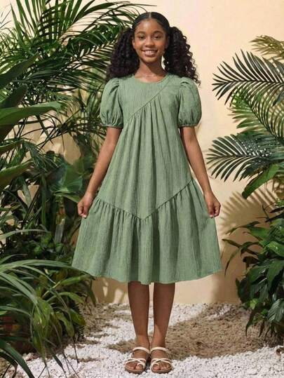 SHEIN Teen Girl Vacation Casual Chic Round Neck Puff Sleeve Midi Dress, Suitable For Beach Getaway, Lunch, Music Festival