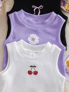 SHEIN 3pcs/Set Cute Summer Versatile Knit Bow & Floral Pattern Camisole For Baby Girl - Multicolor - View 3
