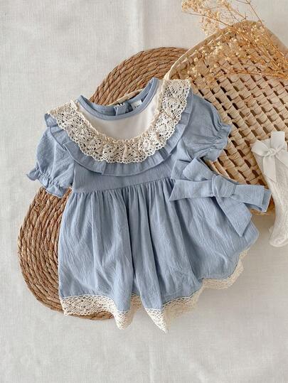 Playful Pals Baby Girls' Round Neck Lace Trim Princess Bubble Sleeve Waist Flare Hem Dress, Summer