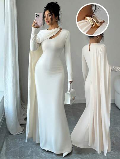 Islaluna Women's Spring/Summer New Middle Eastern Qatar Style Dress, Metal Buckle Decor Chest Design, Hollow Out Waist Ruched Knit Fitted A-Line Dolman Sleeve Elegant Retro Dress