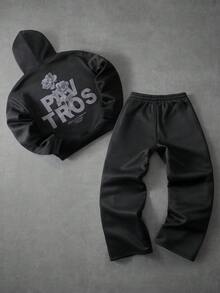 Manfinity Roghcode Men's Slogan & Floral Print Hoodie And Pants Casual Tracksuit Set - Black - View 3
