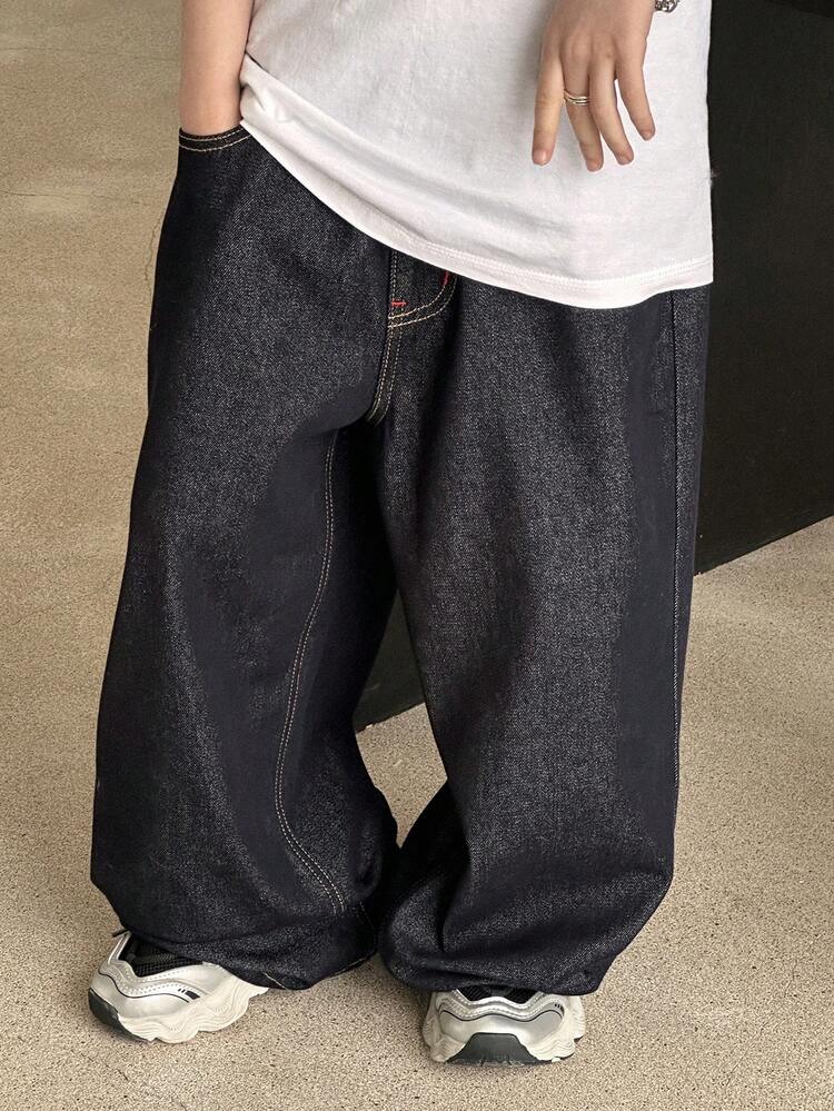 Tween Boy Solid Color Slant Pocket Straight Elastic Waist Jeans