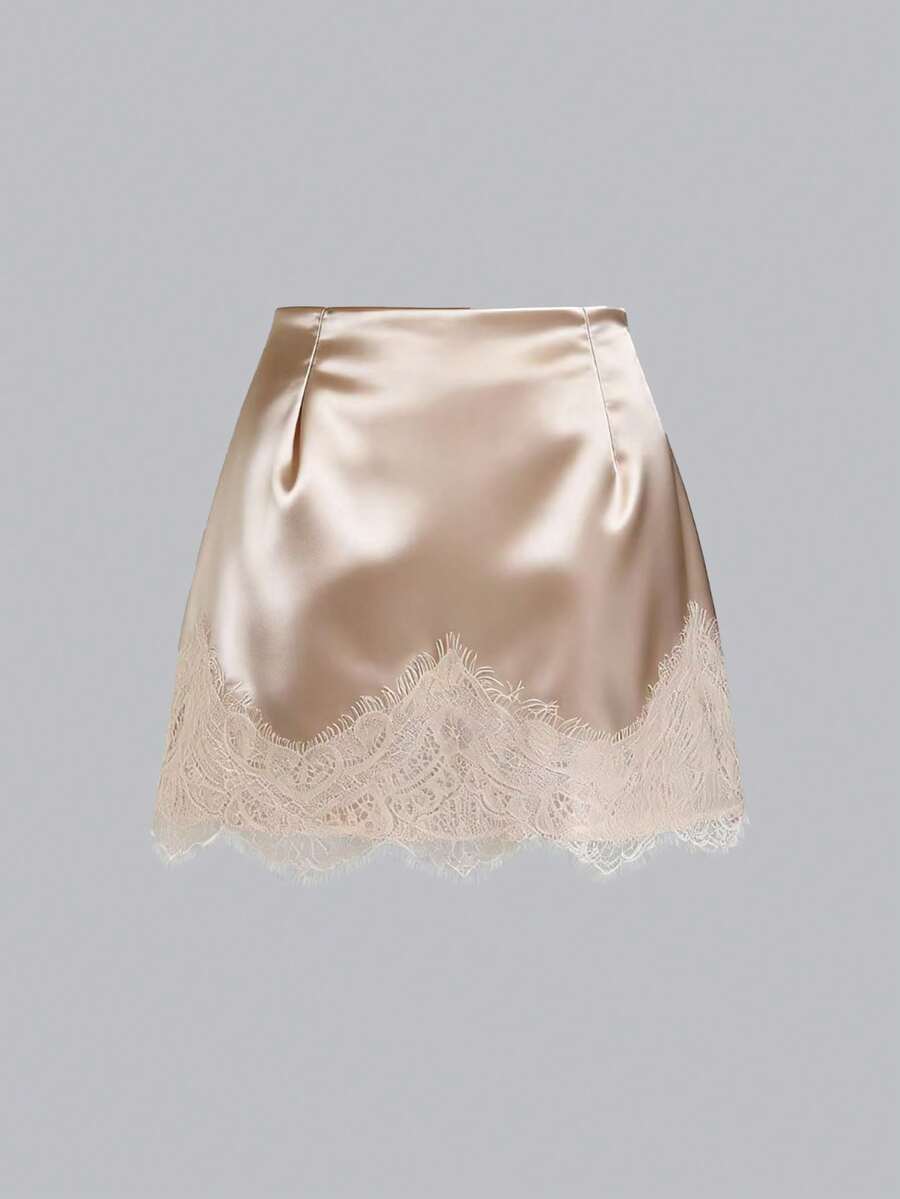 Sweetra Elegant French Retro Satin Brown Floral Patchwork Casual Skirt, Chic Early Spring New Arrival - Apricot - View 1