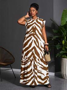 Veslaya Plus Size Casual Dress With All-Over Print - Brown - View 6