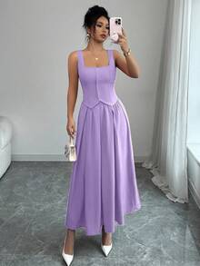 Rafferiza Women's Fashionable Sleeveless Square Neck Single-Breasted Vest And Pleated Flared Skirt 2-Piece Set, Versatile Daily Wear - Lilac Purple - View 4