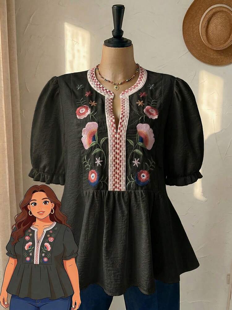 Plus Size Floral Embroidered Casual Vacation Shirt Women's Tops And Blouses Women's Summer Tops Floral Tops Summer Dress Summer Outfits For Women Spring Clothing Spring Outfit Beach Outfits For Women Vacation Outfits Women Summer Holiday Outfits Country Style For Women