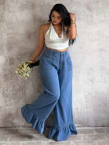 Sunnyshic Plus Size Solid Color New Ruffled Hem Loose Pocket Jeans - Blue - View 6