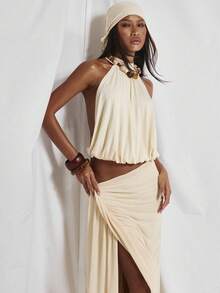 MUSERA High Neck Voluminous Ruched Waistband Panelled Open Back Top Cute Holiday Sexy Night Out Vacation Spring Summer Elegant Soleil Drape - Light Yellow - View 2