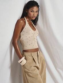 MUSERA V Plunge Crystal Embellished Knit Halterneck Top Cute Summer Spring Going Out Occasion Embellished - Cream - View 5