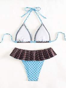 Swim Mod Conjunto de biquíni feminino para férias de verão na praia, com estampa aleatória de bolinhas pretas e brancas, top frente única com amarração nas costas e calcinha com babados. - Multicolorido - Ver 4