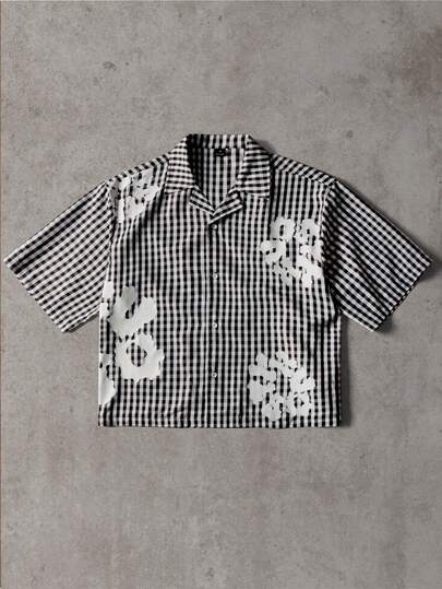 STYNVO 男士休闲时尚街头通勤学院风字母格纹印花宽松短袖衬衫，夏季