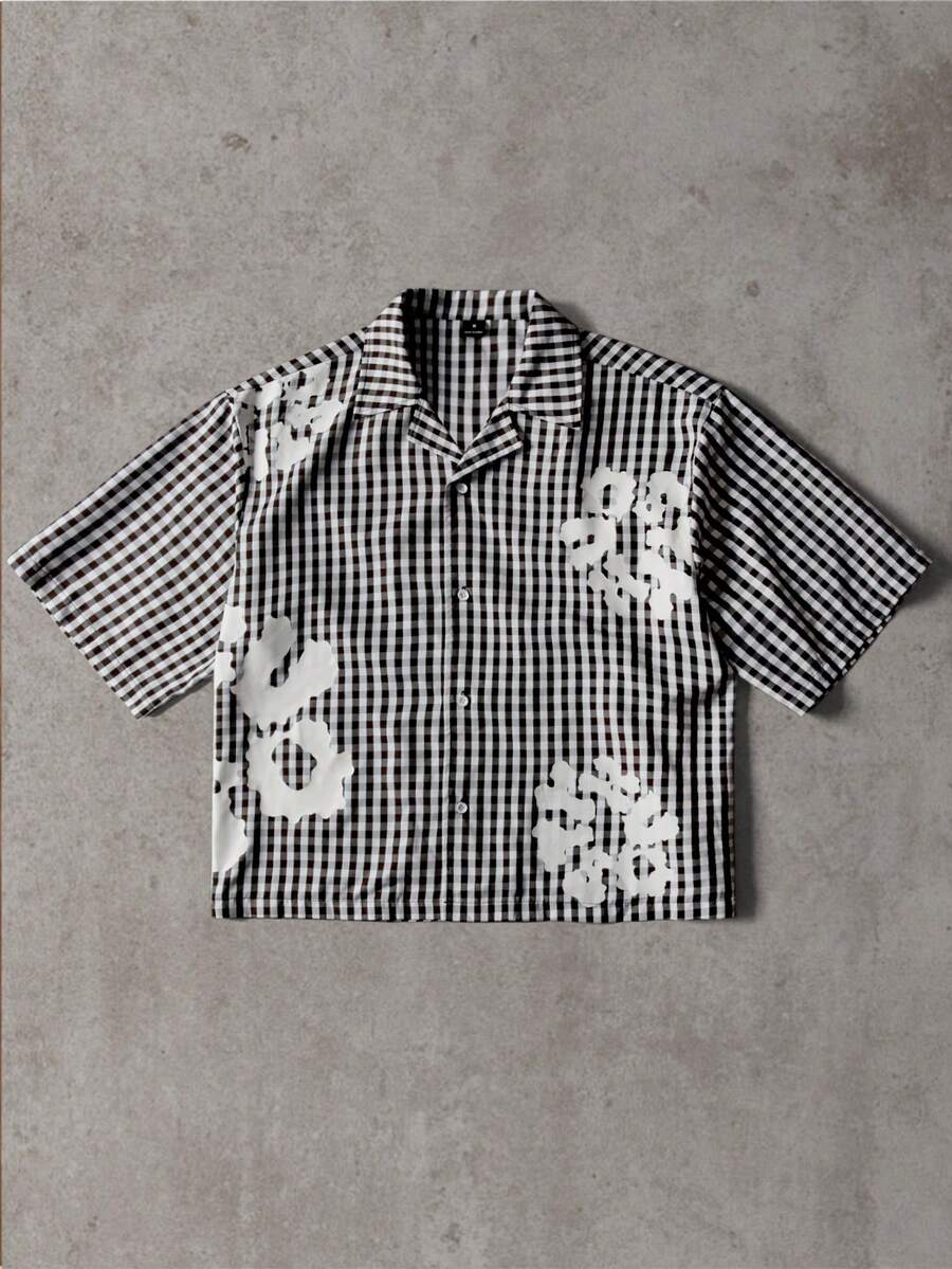 STYNVO 男士休闲时尚街头通勤学院风字母格纹印花宽松短袖衬衫，夏季 - 黑色 - 查看 1